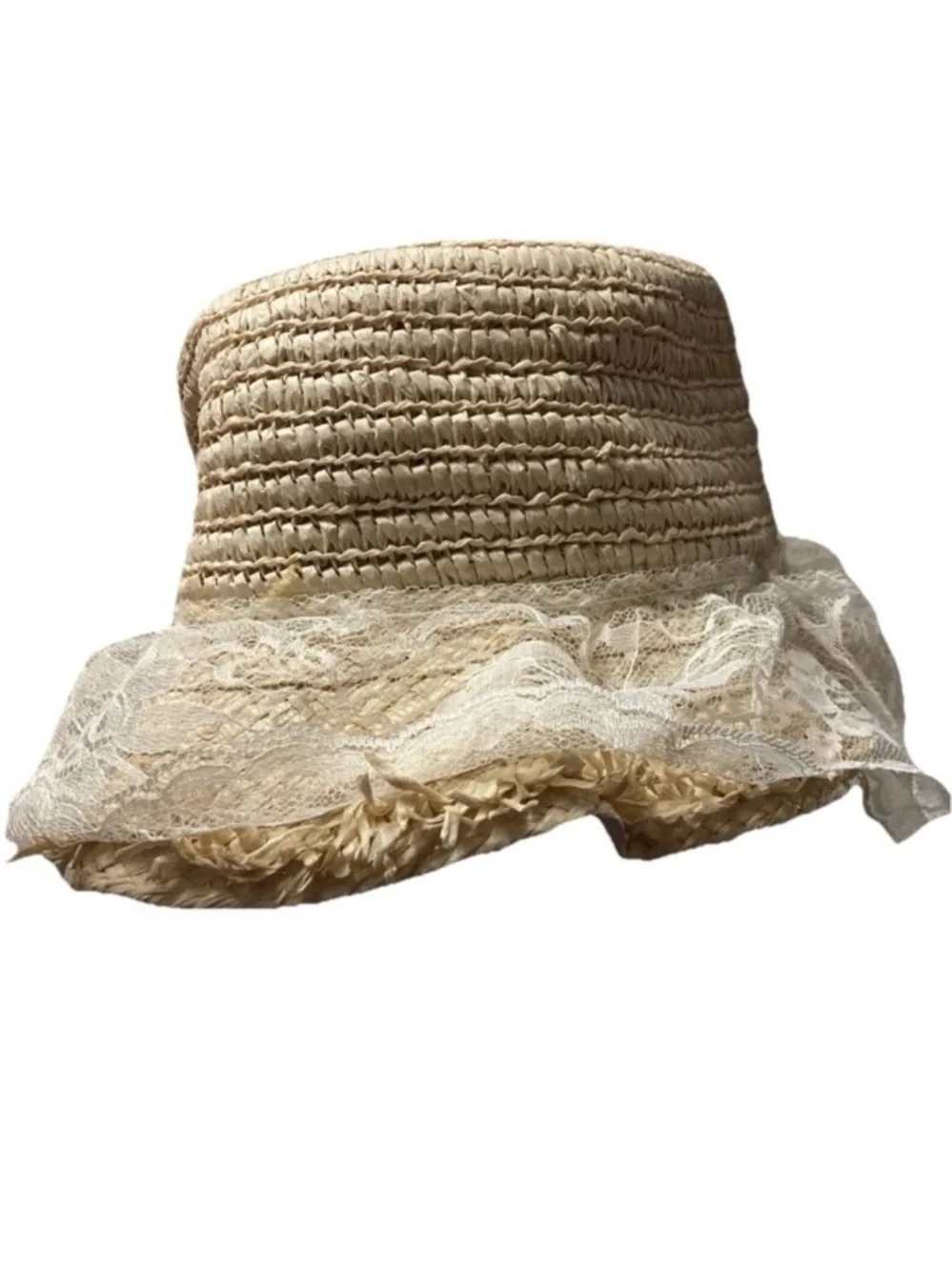 Beige Lace-Trim Straw Sun Hat - Women Accessories